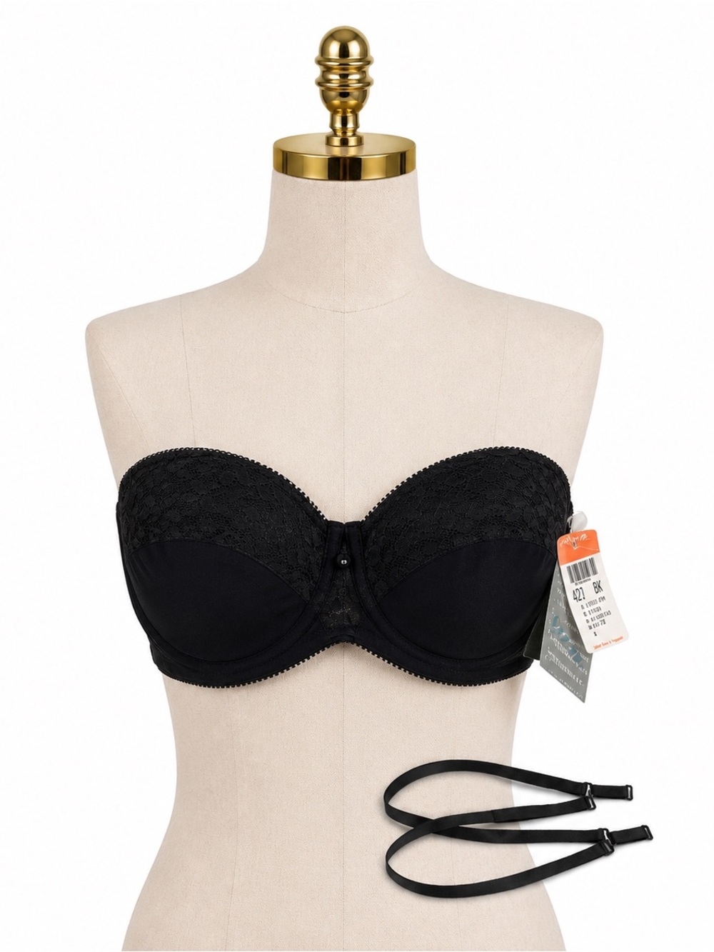 Carnival Style 123 Strapless Convertible Bra Black Lace 42D NWT Removable Straps